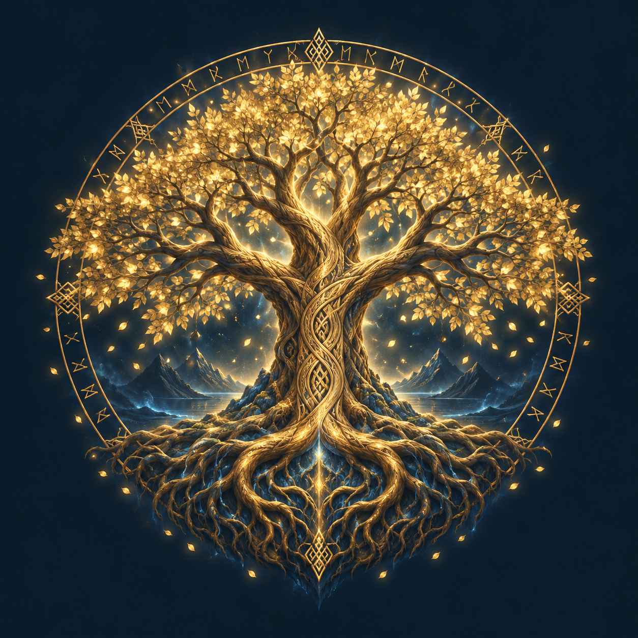 An illuminated golden Yggdrasil tree encircled by runes
